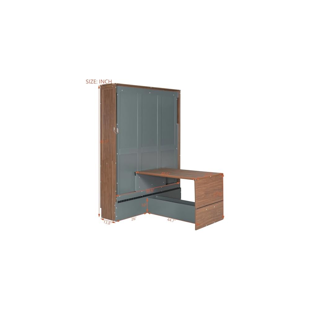Full Size Murphy Bed Wall Beds with Foldable Desk and Hardware Chain,Cabinets Bed w/Metal Leg & Slat Support,Space Saving Bedroom Furniture for Small Space Apartment,Walnut & Gray