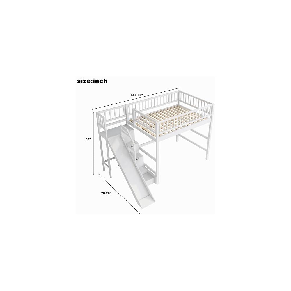 Full Size Loft Bed with Storage Staircase, Slide & LED Light, Wooden Bunk Bed for Bedroom with Built-in Shelves, White