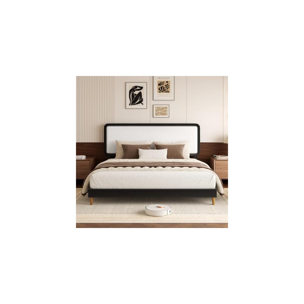 Full Size Bed Frame with Headboard, Color-Blocking Leather Platform Bed, Adjustable Upholstered Headboard, No Box Spring Required, Low Noise, Easy to Assemble, White