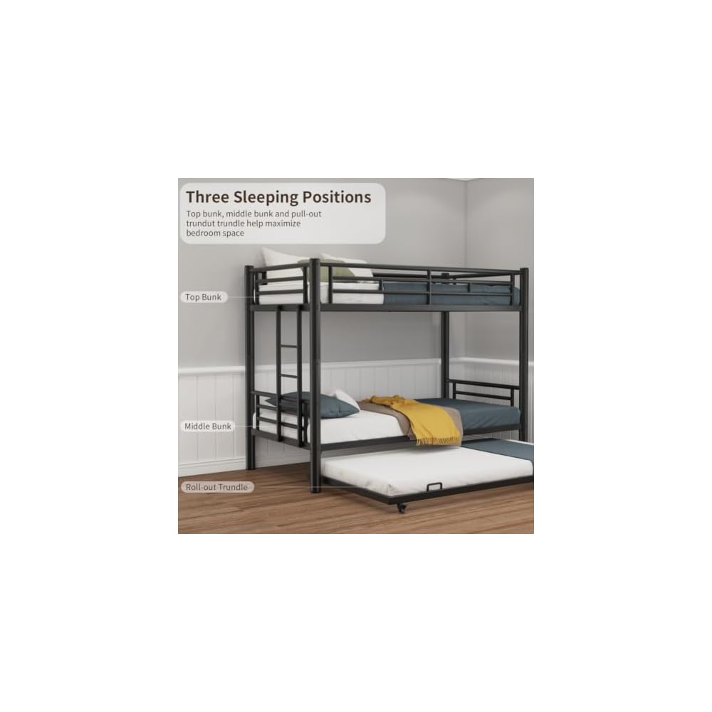 Metal Triple Bunk Bed, Twin Over Twins with Trundle, Heavy Duty Beds Frame with Ladder and Safety Rails for Small Bedroom, Space-Saving Noise Free (Black)