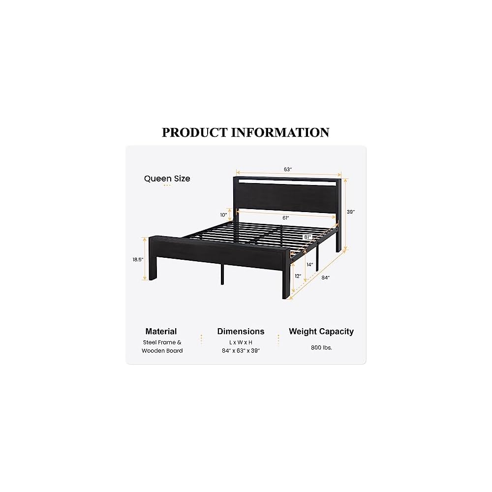 14 Inch Queen Size Metal Platform Bed Frame with Wooden Headboard and Footboard, Mattress Foundation, No Box Spring Needed, Large Under Bed Storage, Non-Slip Without Noise, Walnut