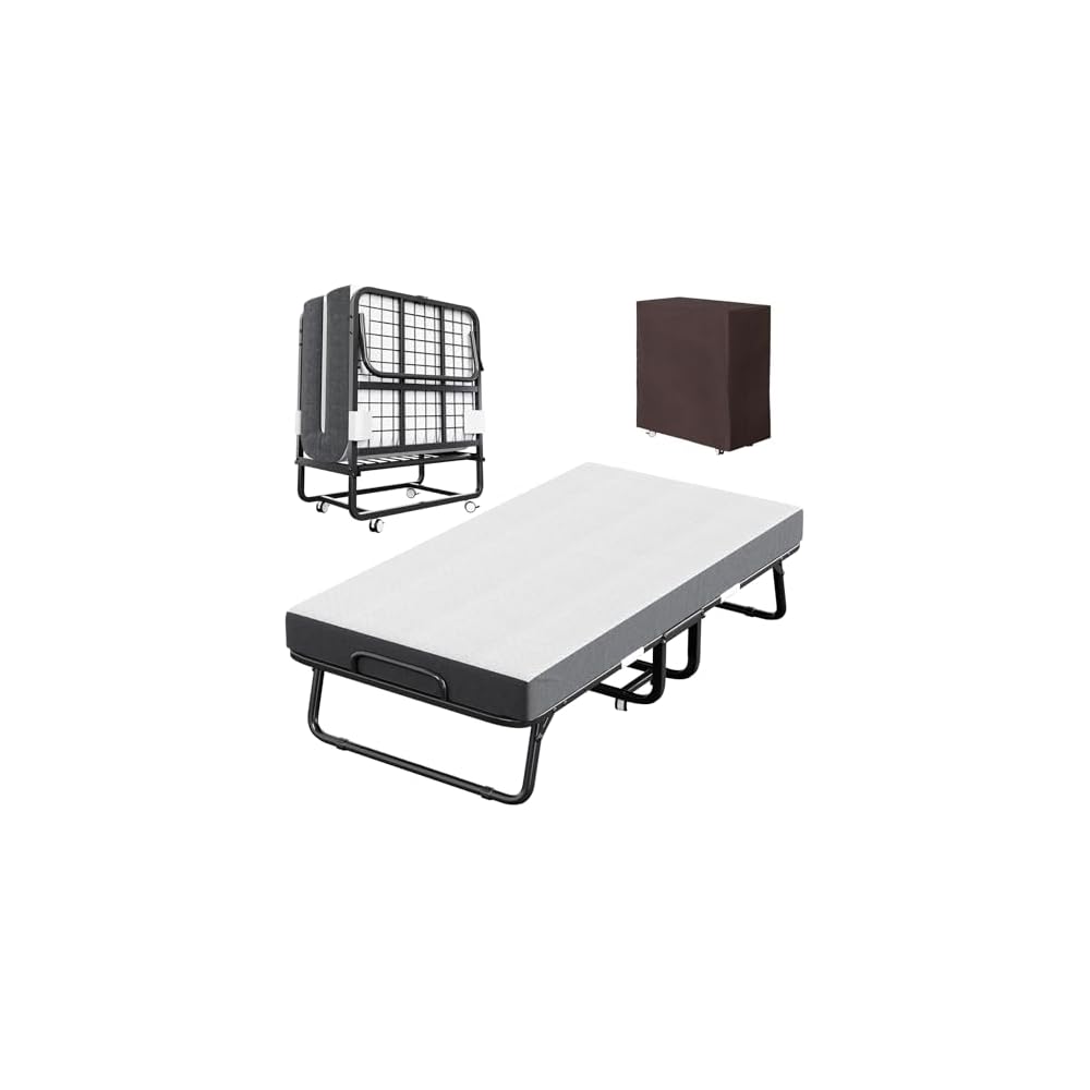 Folding Bed with Mattress and Storage Cover - 75"x38" Twin Size Frame, Portable Rollaway Guest Bed with 5-inch Memory Foam Mattress, Space-Saving Foldable Design for Easy Storage