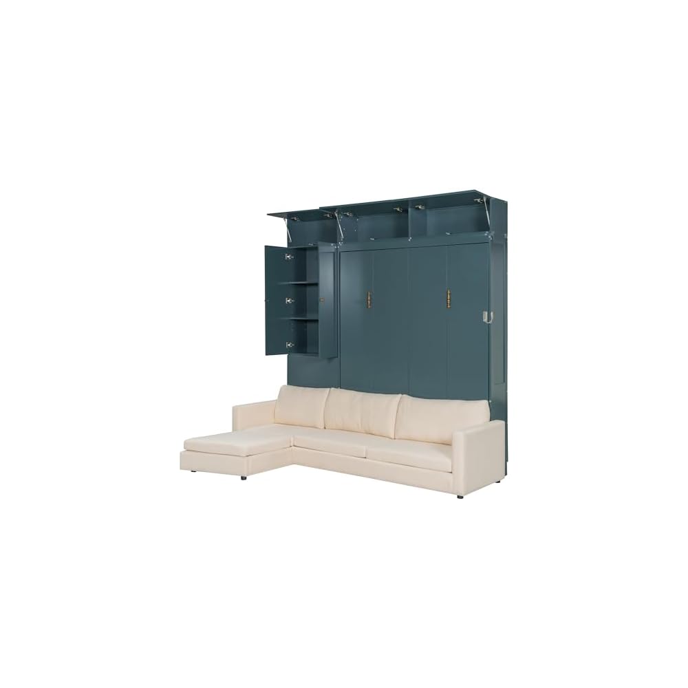 Queen Murphy Bed with Couch and Storage Bookcase, Wood Foldable Murphy Wall Bed with Storage Shelves and Sofa for Adults (H Green,Queen)