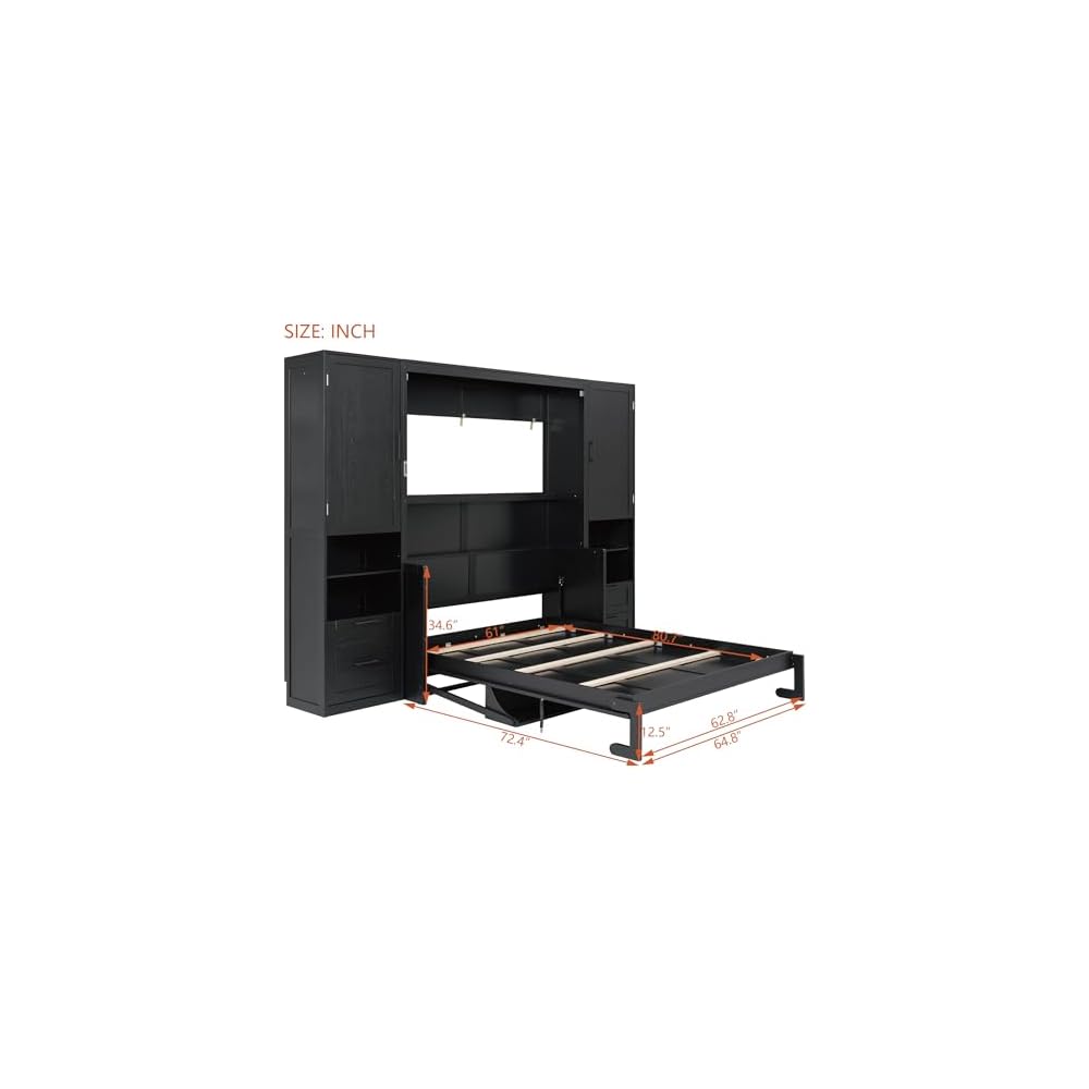 Queen Murphy Bed with Side Wardrobes & Drawers, Queen Size Wall Bed Frame, Multi-Functional Hidden Fold Down Cabinet Bed with Clothing Hanging Rods & Open Shelves, Black