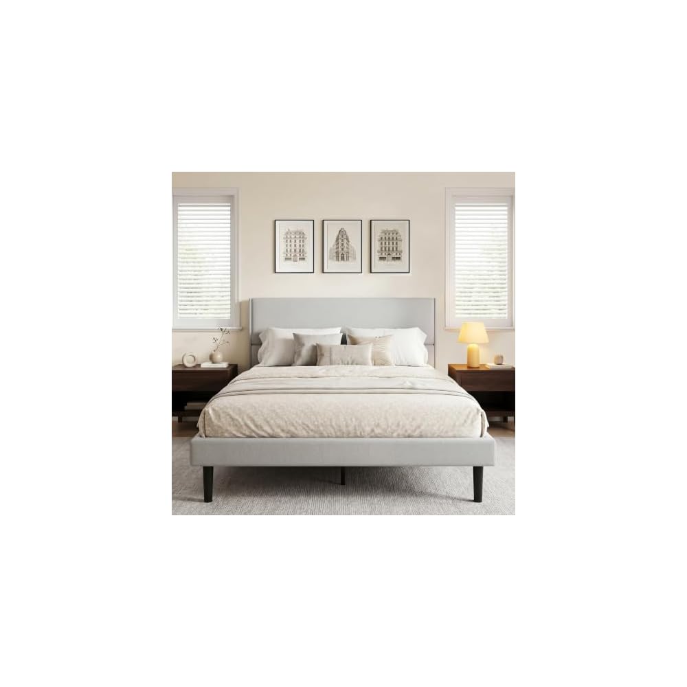 Queen Size Bed Frame with Linen Upholstered Headboard, Noise-Free Metal & Wood Structure, No Box Spring Needed, Easy Assembly, Grey (Queen (U.S. Standard))