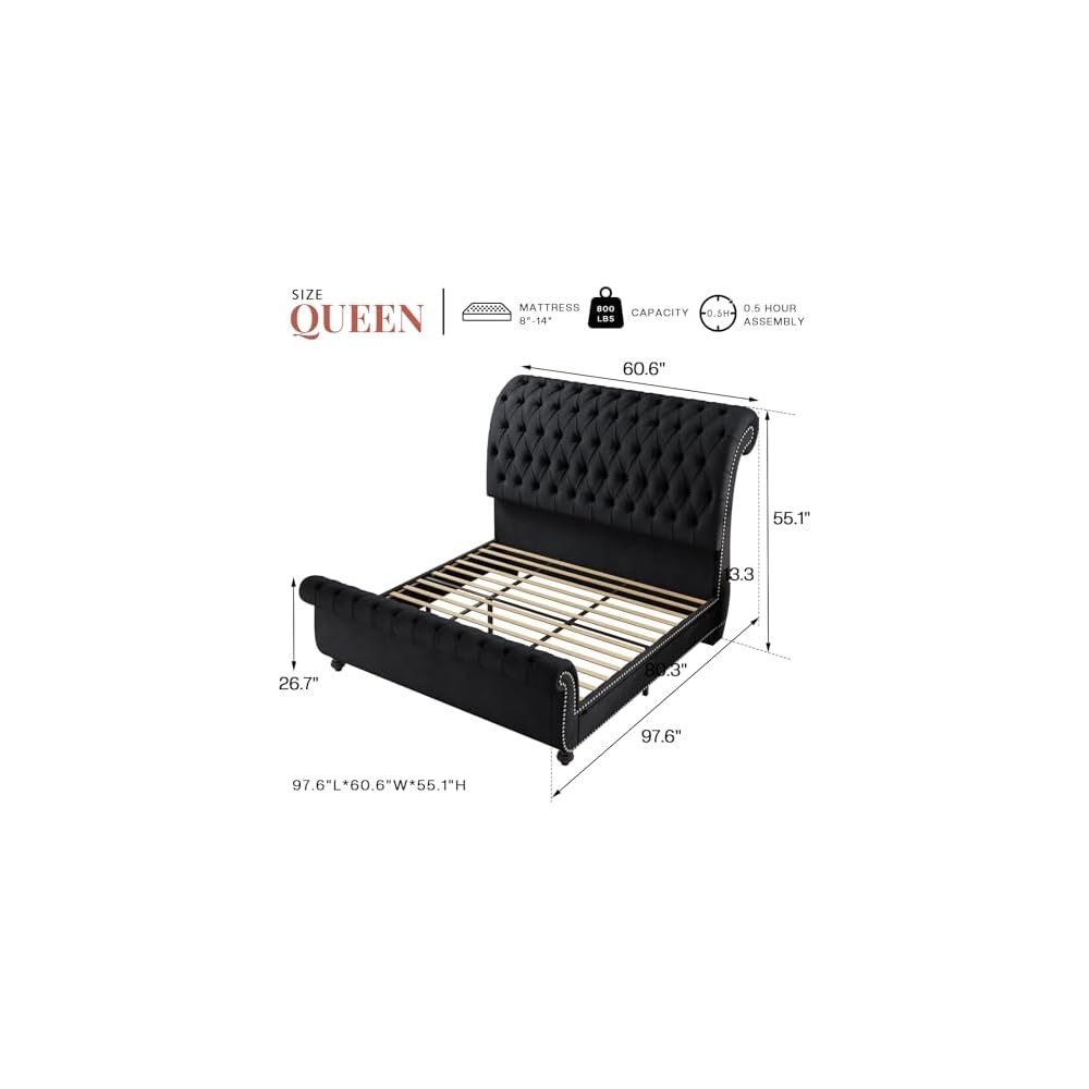 Queen Upholstered Bed Frame Sleigh Headboard & Footboard,Black
