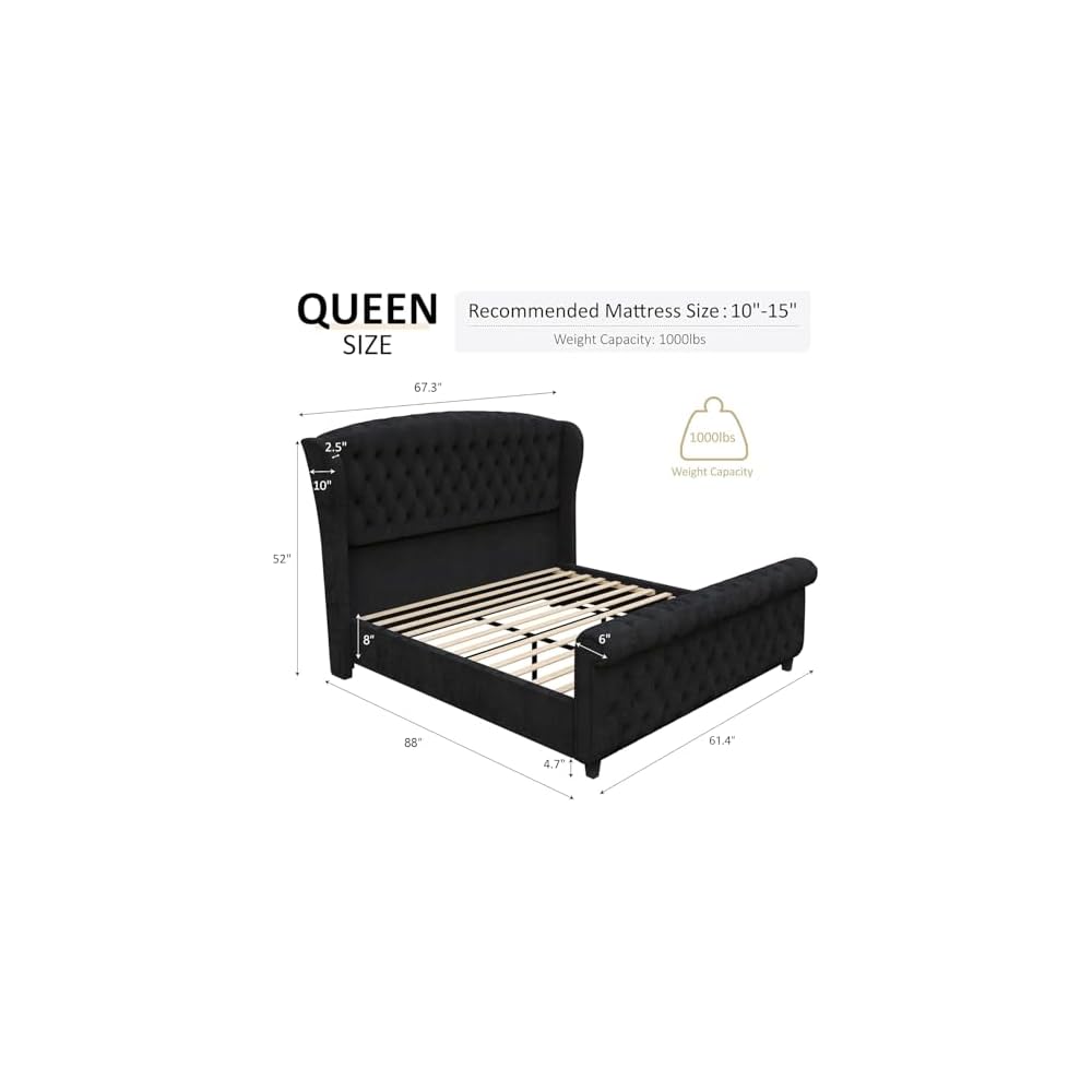 Queen Size Upholstered Sleigh Bed Frame with Wingback Headboard