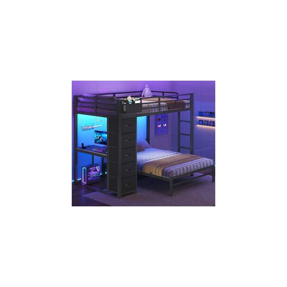 Full Size Bunk Bed with Desk, 5 Drawers, Charging Station, Black