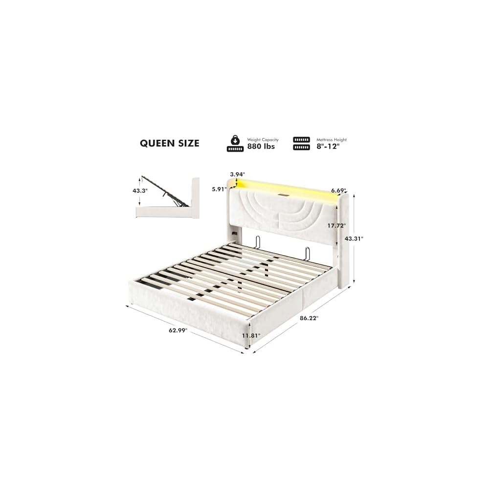 Queen Velvet Lift Up Storage Bed Frame with Charging & LED, Beige