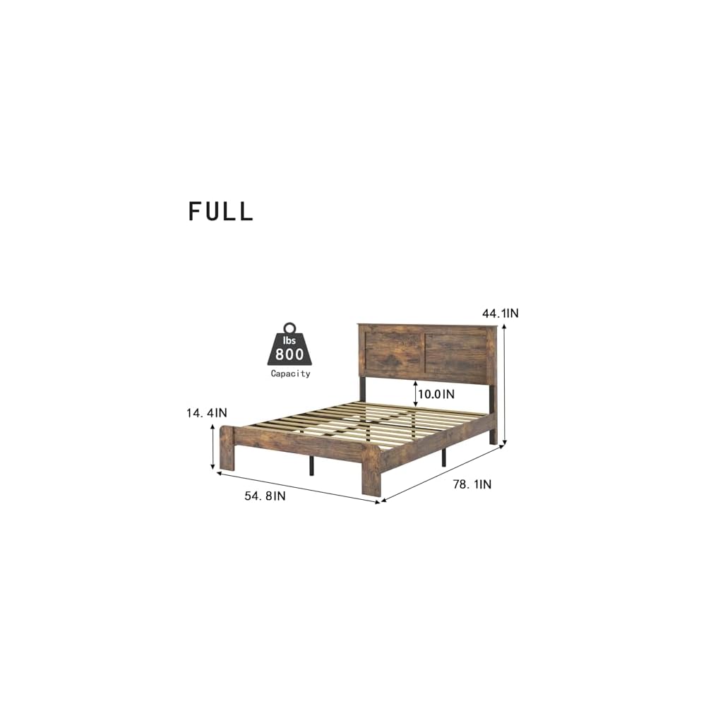 Wood Full Bed Frame with Headboard, Vintage Brown