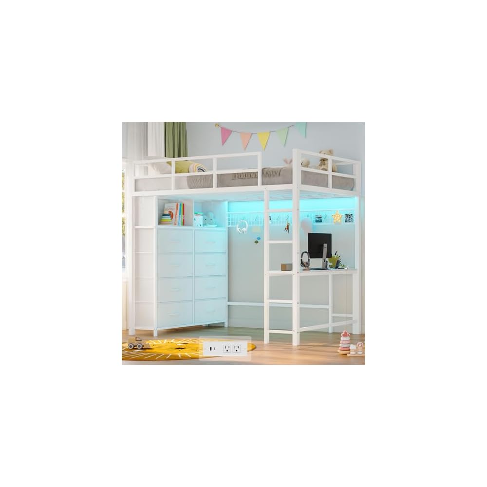 Twin Loft Bed with Desk, 8 Storage Drawers,LED Lights, White