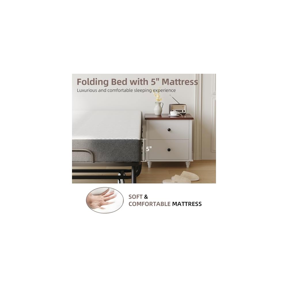 Folding Bed with Mattress and Storage Cover - 75"x38" Twin Size Frame, Portable Rollaway Guest Bed with 5-inch Memory Foam Mattress, Space-Saving Foldable Design for Easy Storage