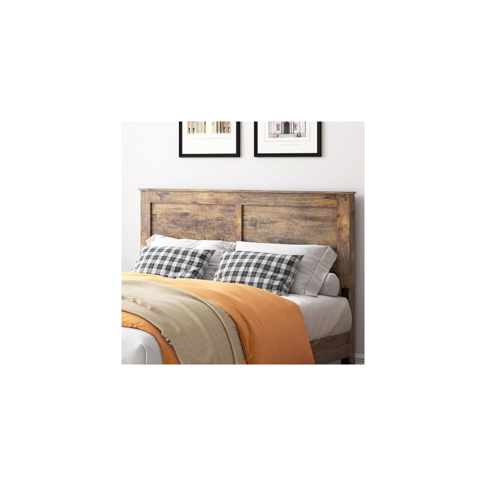Wood Full Bed Frame with Headboard, Vintage Brown