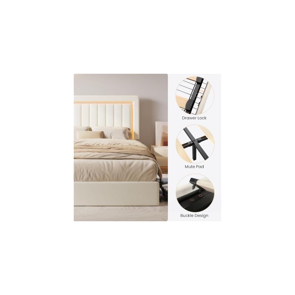 Full Size Bed Frame with LED Lights,2 Storage Drawers, Cream