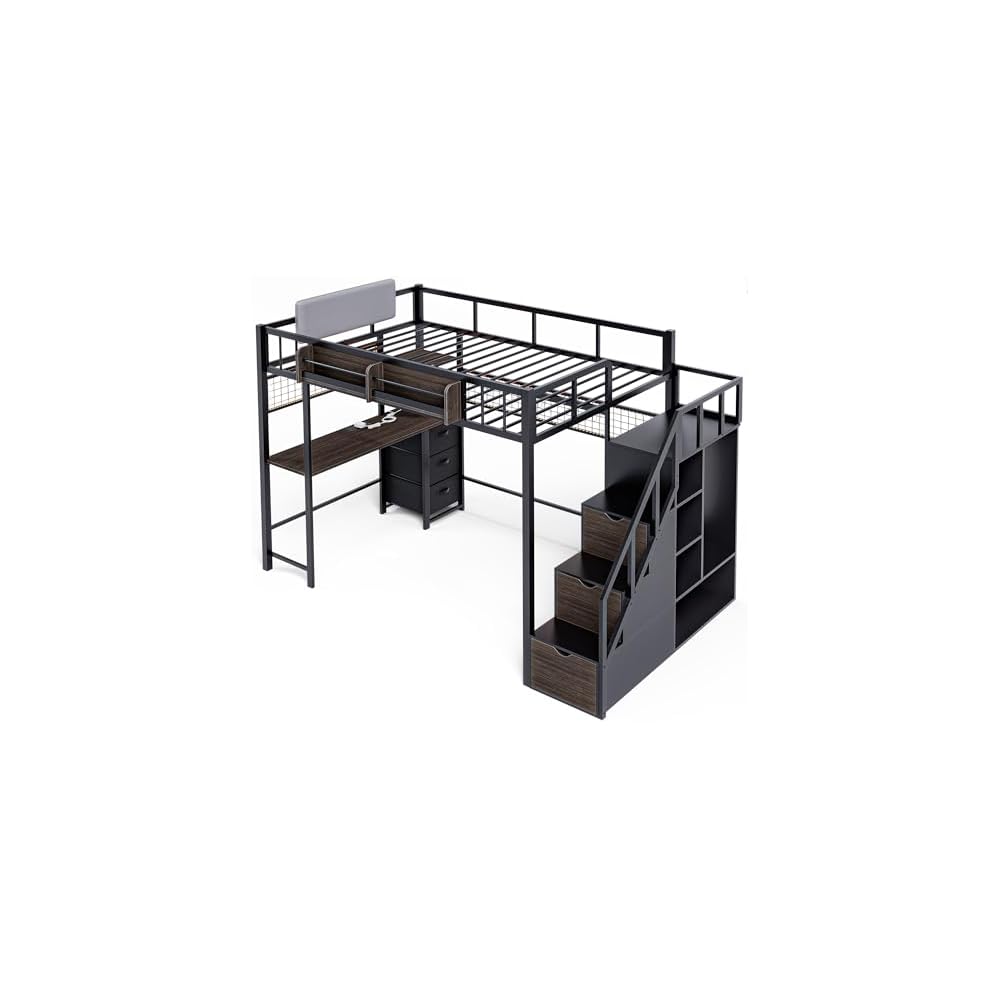 Loft Bed with Desk and Stairs, Headboard, Outlet (Black, Full)