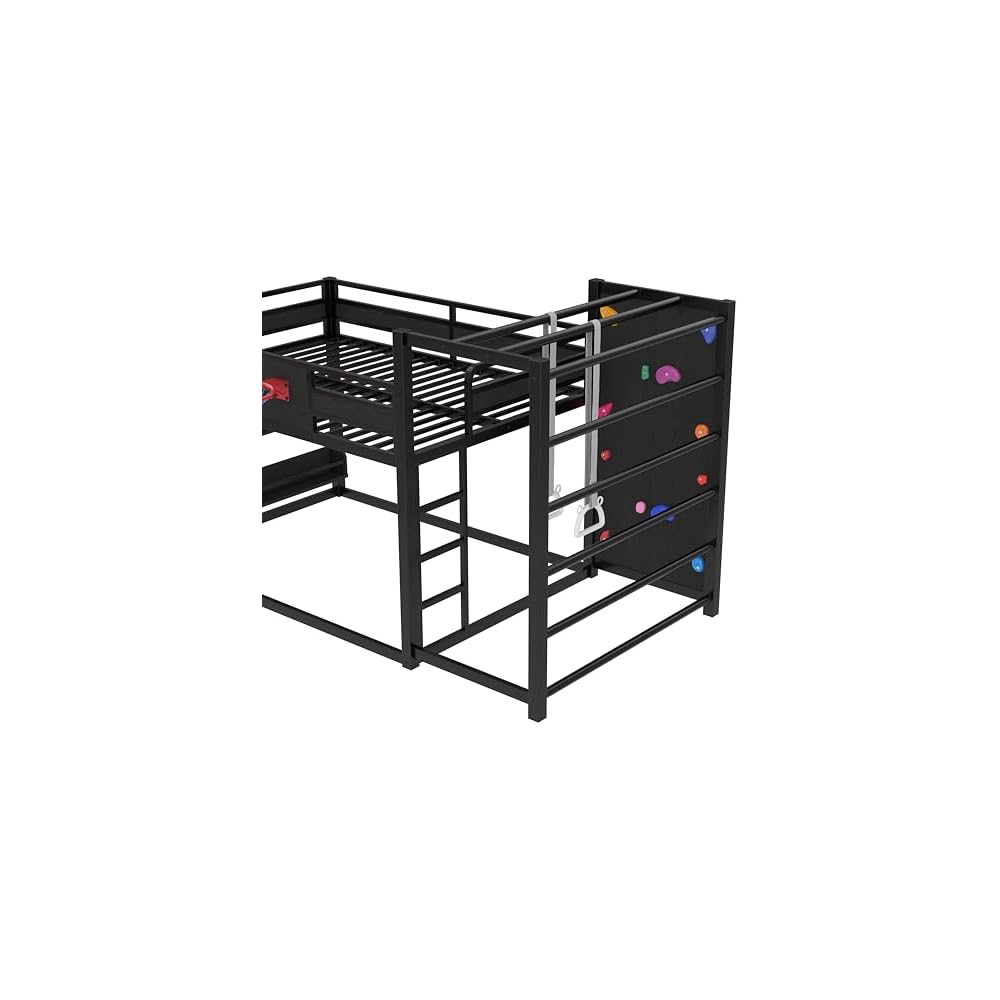 Full Size Bunk Bed with Basketball Hoop, Pull-up Rings, Climbing Wall,Black