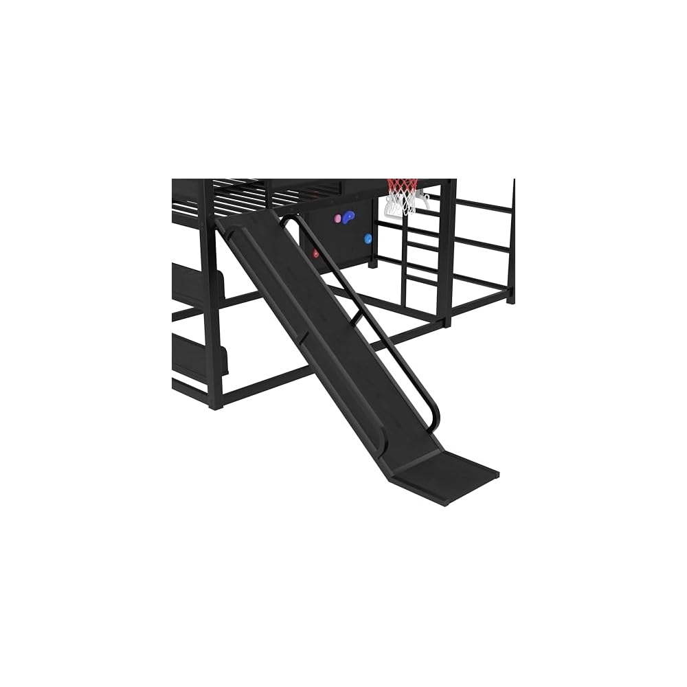 Full Size Bunk Bed with Basketball Hoop, Pull-up Rings, Climbing Wall,Black