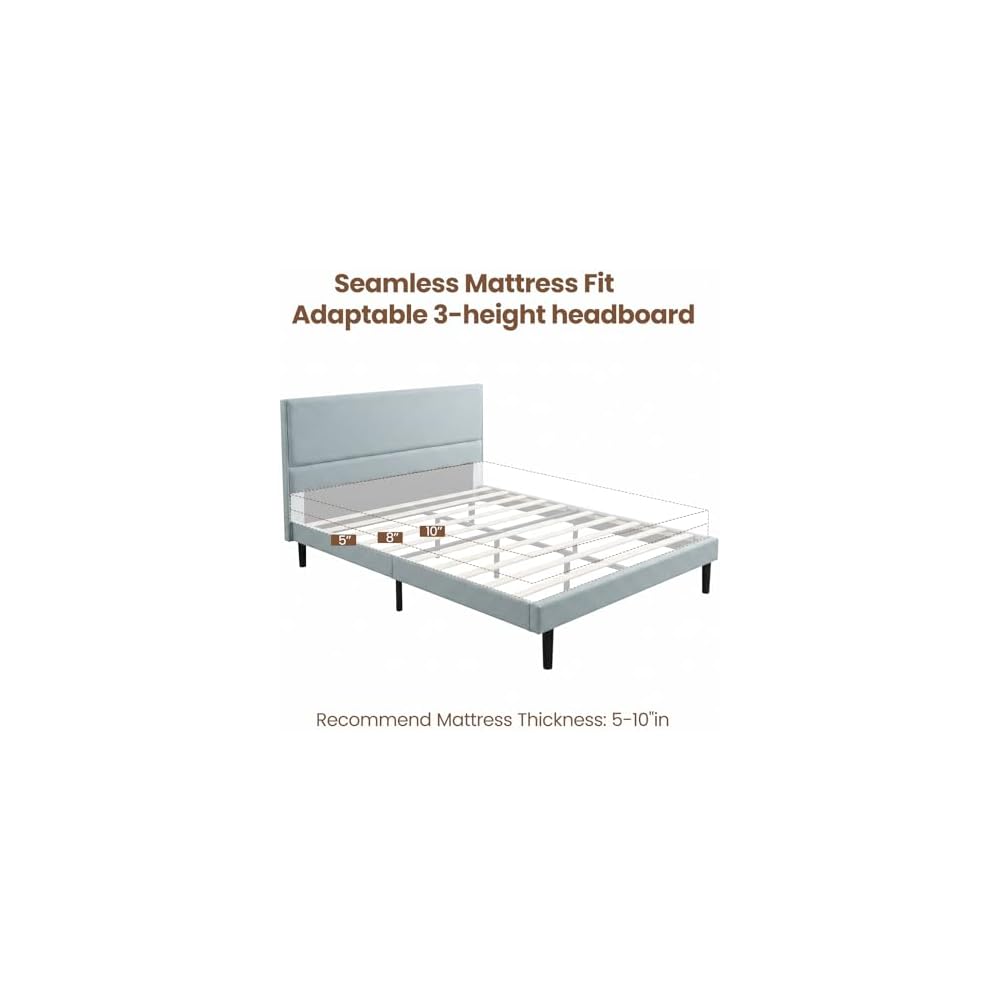 Queen Size Bed Frame with Linen Upholstered Headboard, Noise-Free Metal & Wood Structure, No Box Spring Needed, Easy Assembly, Grey (Queen (U.S. Standard))