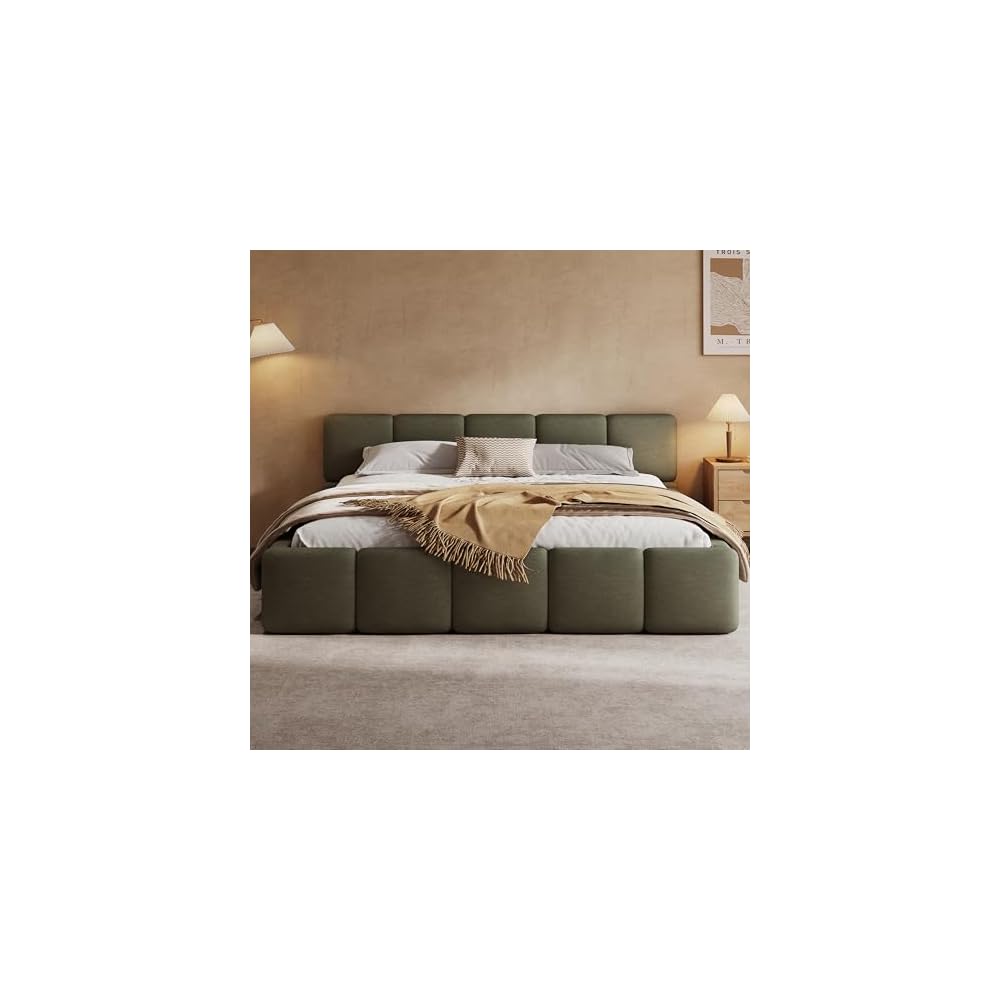 California King Boucle Platform Bed with Thick Headboard, Green
