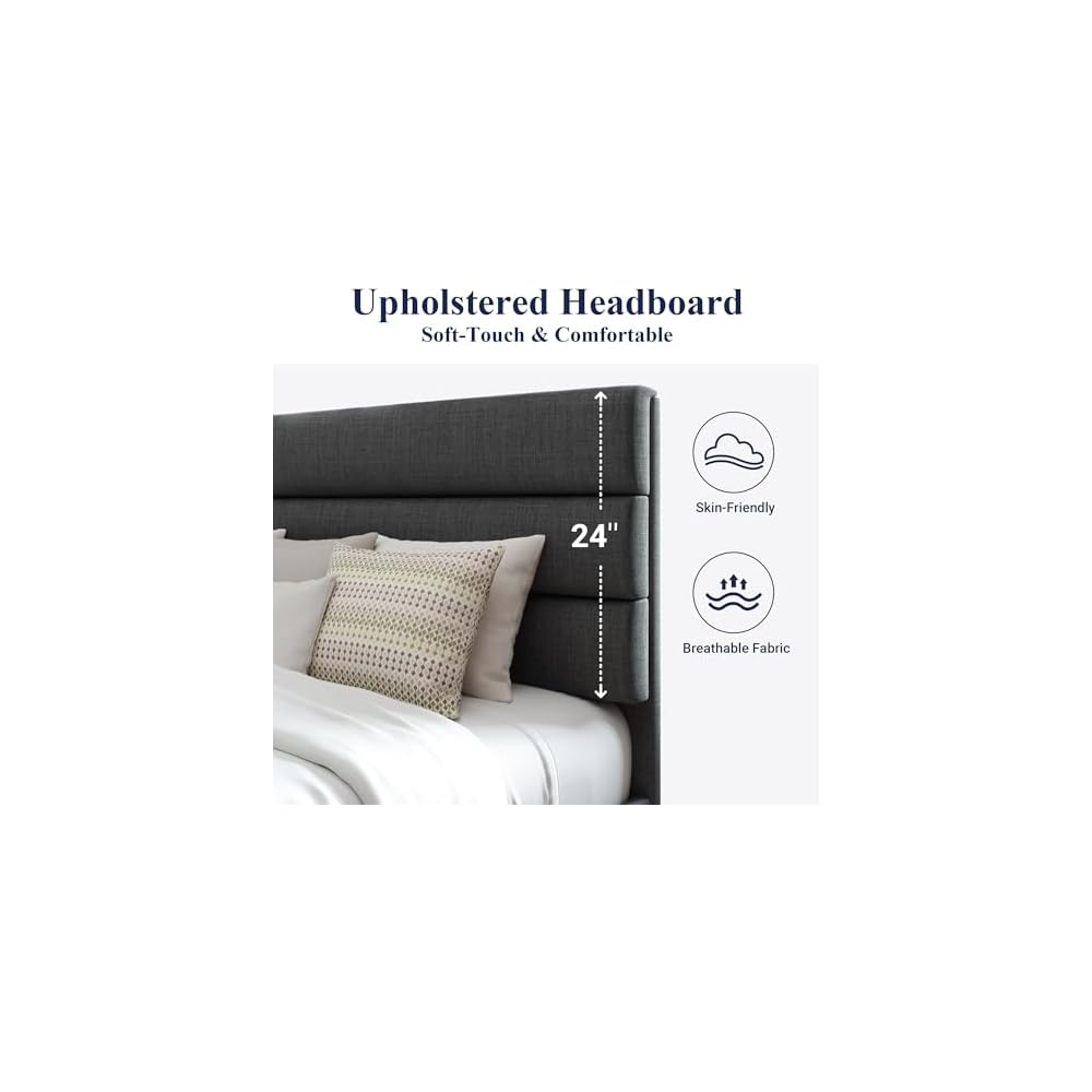 Queen Size Platform Bed Frame with Fabric Upholstered Headboard