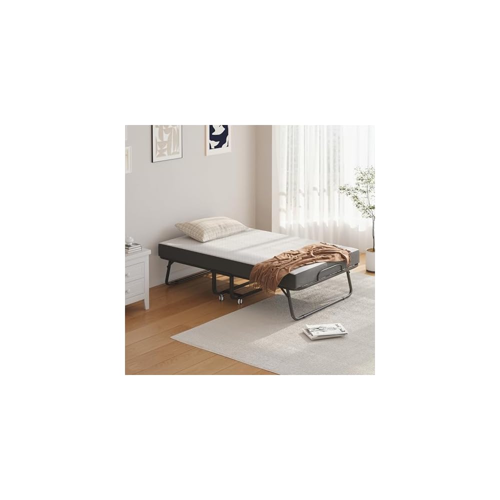 Folding Bed with Mattress and Storage Cover - 75"x38" Twin Size Frame, Portable Rollaway Guest Bed with 5-inch Memory Foam Mattress, Space-Saving Foldable Design for Easy Storage
