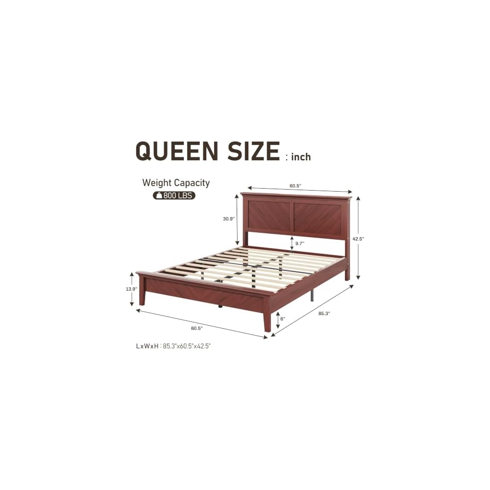 Solid Acacia Wood Queen Bed Frame with Headboard Cherry Finish