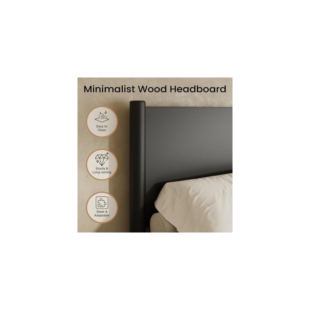 King Size Platform Bed Frame with Wood Headboard, Black