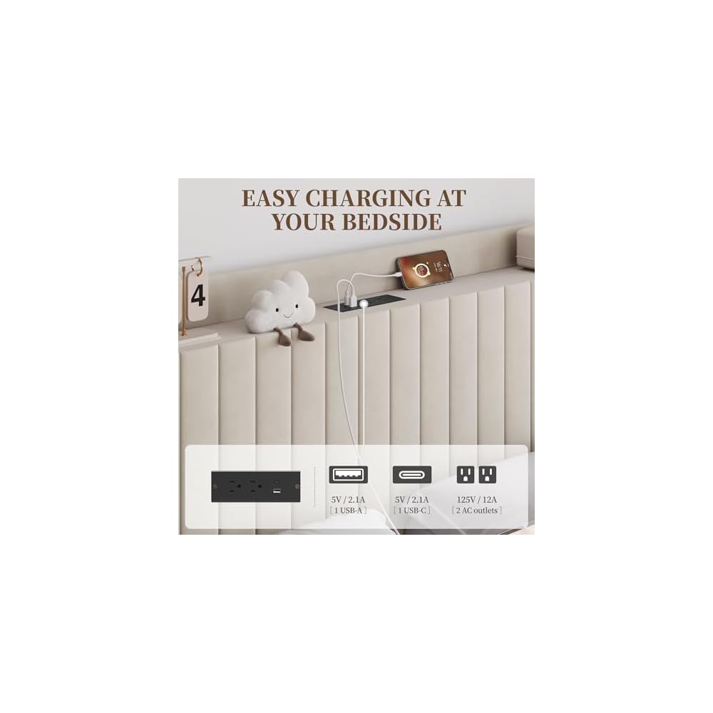 Queen Bed Frame with Channel-Tufted Storage Headboard, Cool Beige