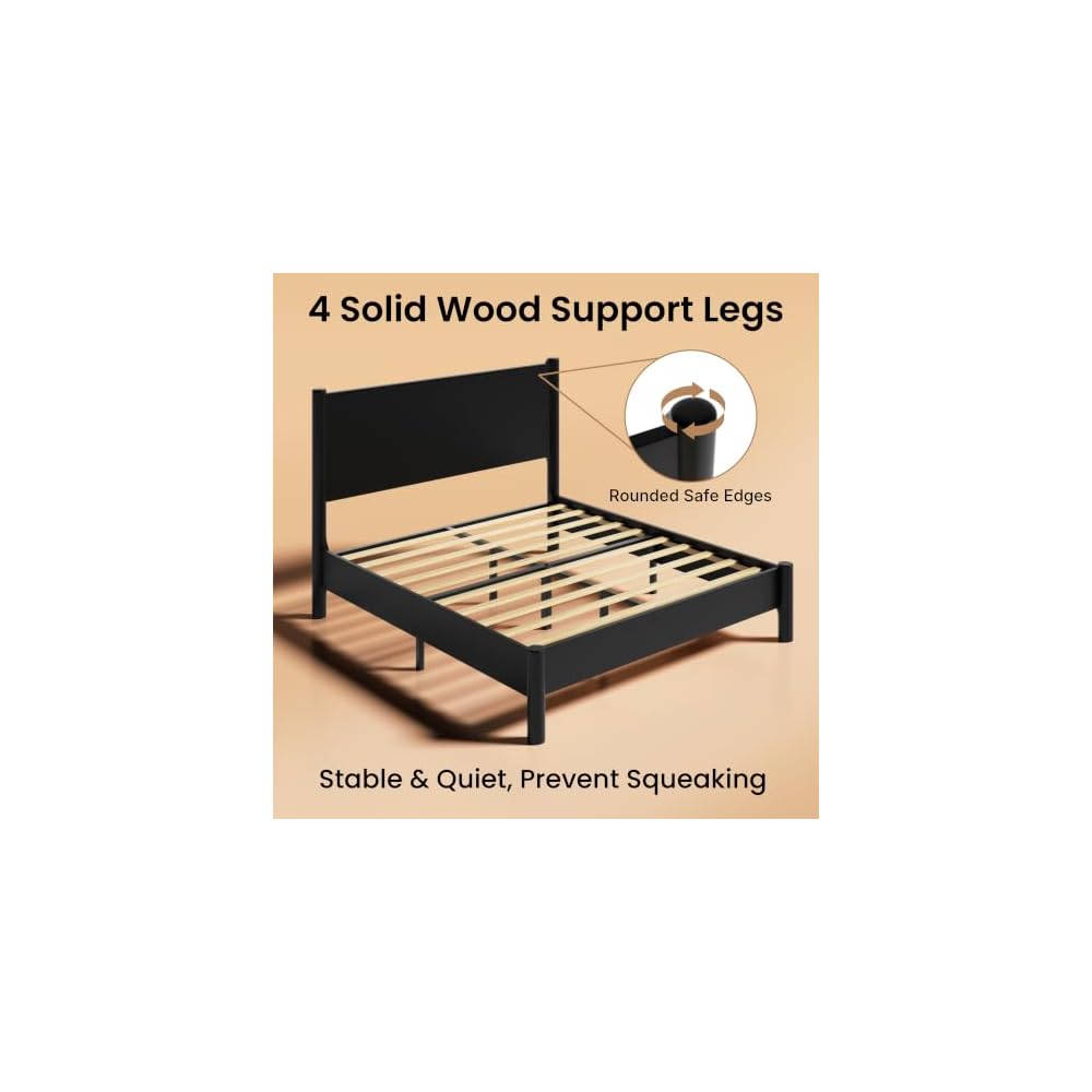 King Size Platform Bed Frame with Wood Headboard, Black