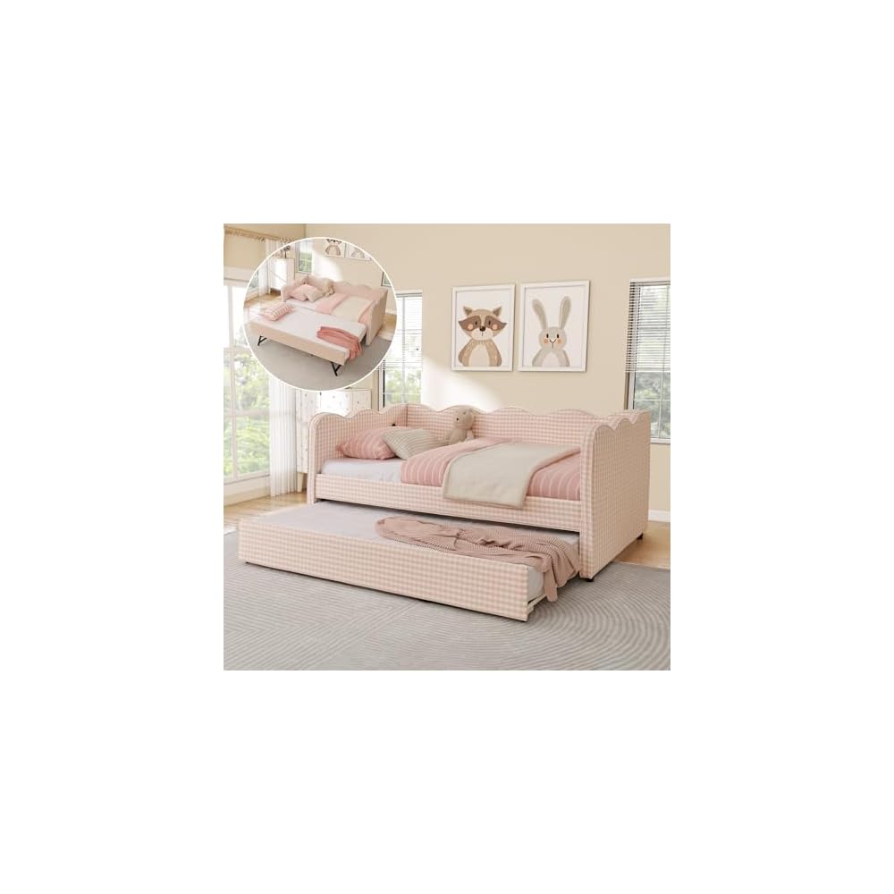 Twin Size Daybed with Pop Up Trundle, Linen Gingham Twin to King Daybed with USB Ports, Upholstered Day Bed Frame, Modern Sofa Bed for Living Room/Bedroom/Guest Room, No Box Spring Needed, Pink