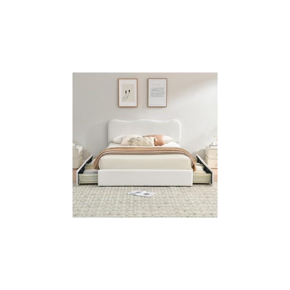 Queen Size Storage Bed Frame with 4 Pull-Out Drawers, Modern Upholstered Boucle Platform Bed with Curved Headboard, Wood Slats, No Box Spring Needed, Cream White