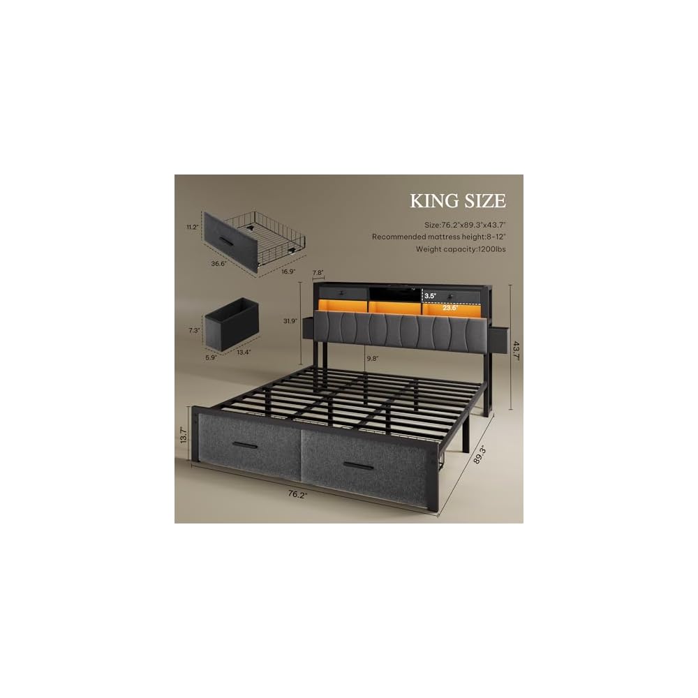 King Size Linen Upholstered Bed with Charging Station & LED Light