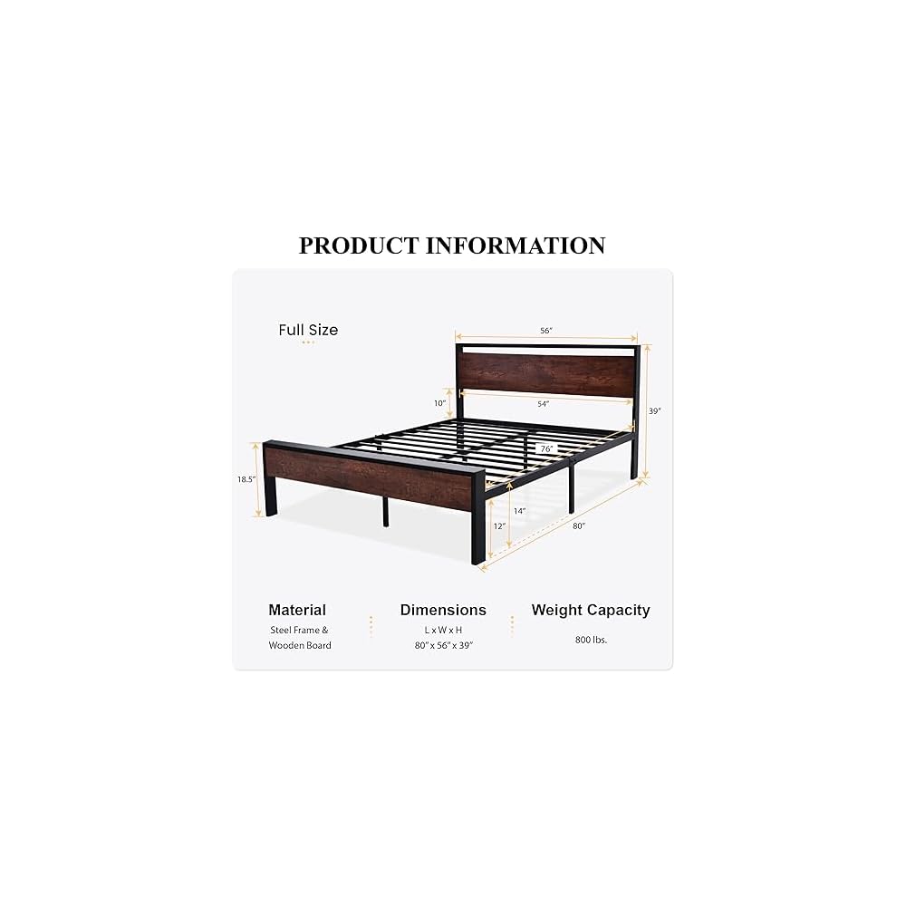 14 Inch Full Size Metal Platform Bed Frame with Wooden Headboard and Footboard, Mattress Foundation, No Box Spring Needed, Large Under Bed Storage, Non-Slip Without Noise, Walnut
