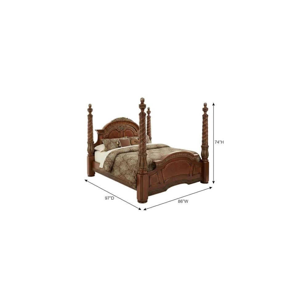 Villa Valencia Brown Eastern King Poster Bed Solid Wood Frame Marble Accents Classic Chestnut Finish Sturdy American Poplar Construction Elegant Canopy Design