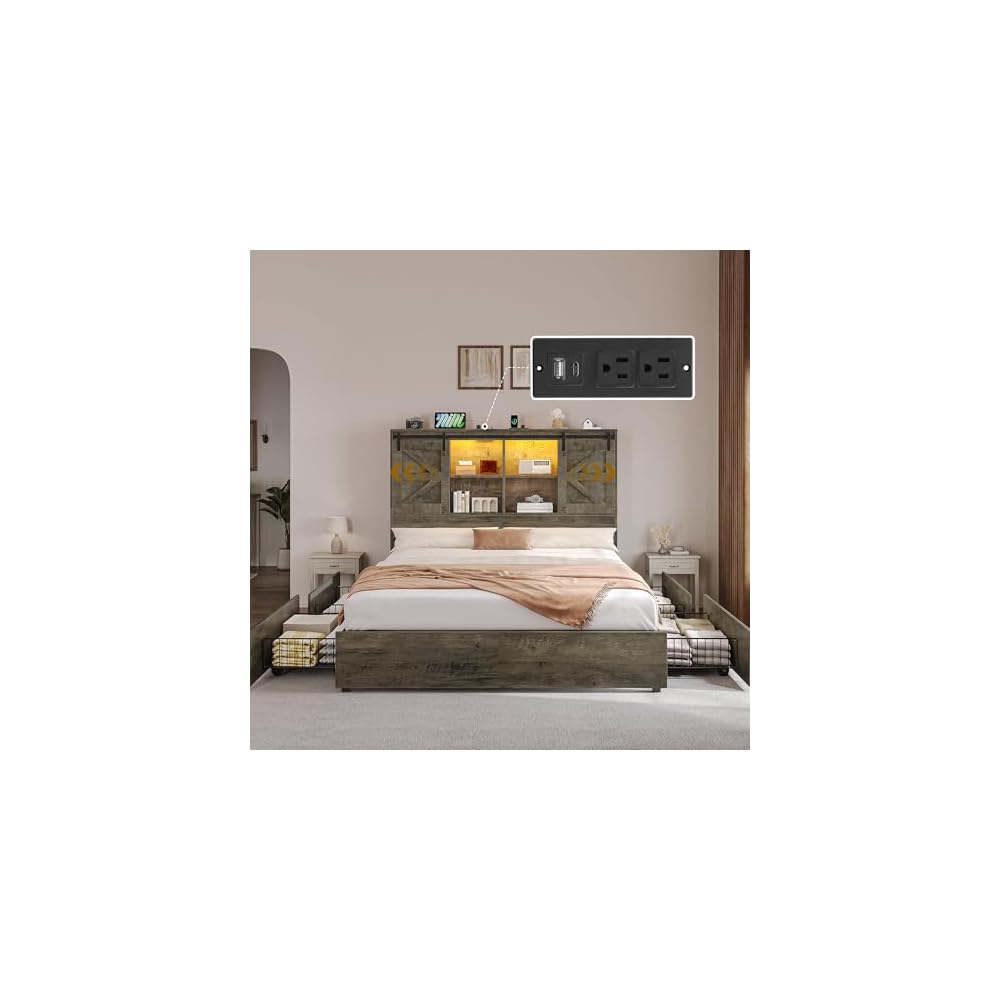 Farmhouse Queen Size Bed with 50" Tall Storage Bookcase Headboard