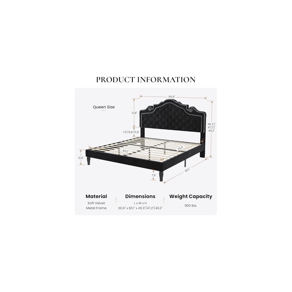 Queen Bed Frame with Adjustable Headboard/Velvet Upholstered/Diamond Button Tufted and Metal Studs/No Box Spring Needed/Wood Slat Support/Easy Assembly/Black