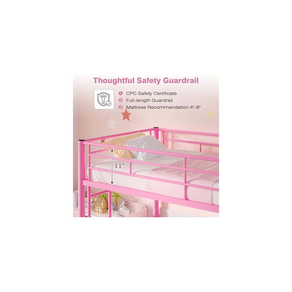 Bunk Bed Twin Over Twin, Metal Bunkbeds with Ladder and Full-Length Guardrail, No Box Spring Needed, Space Saving, Noise Free, Light Pink