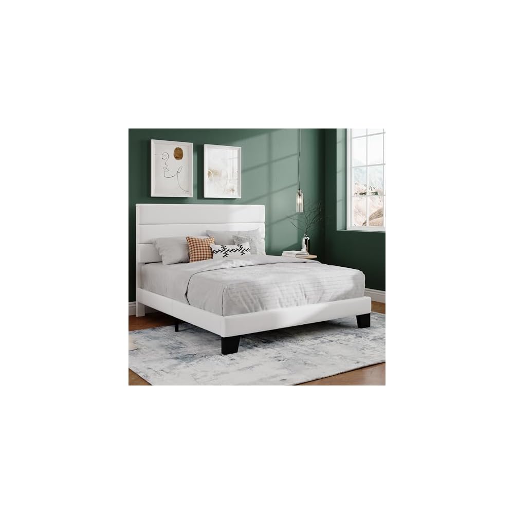 Full Platform Bed Frame with Upholstered Velvet Headboard, White
