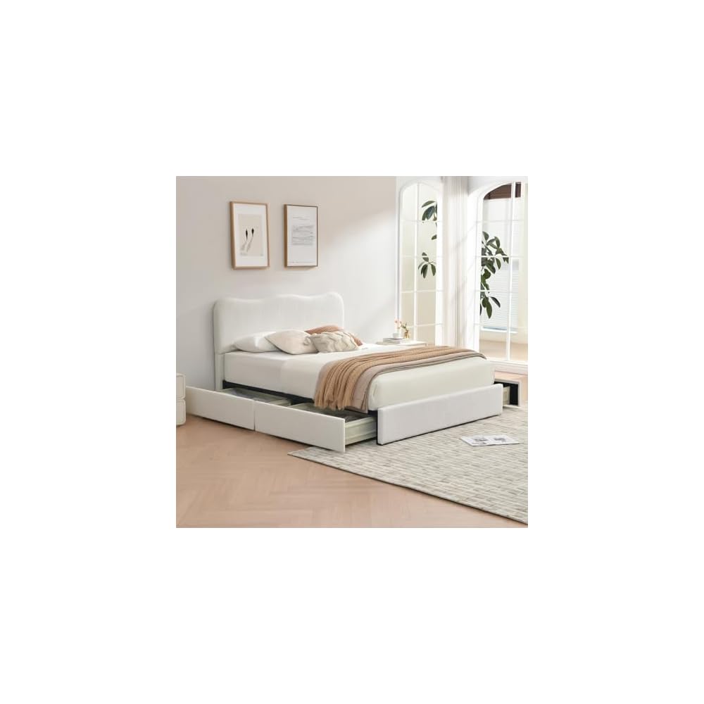 Queen Size Storage Bed Frame with 4 Pull-Out Drawers, Modern Upholstered Boucle Platform Bed with Curved Headboard, Wood Slats, No Box Spring Needed, Cream White