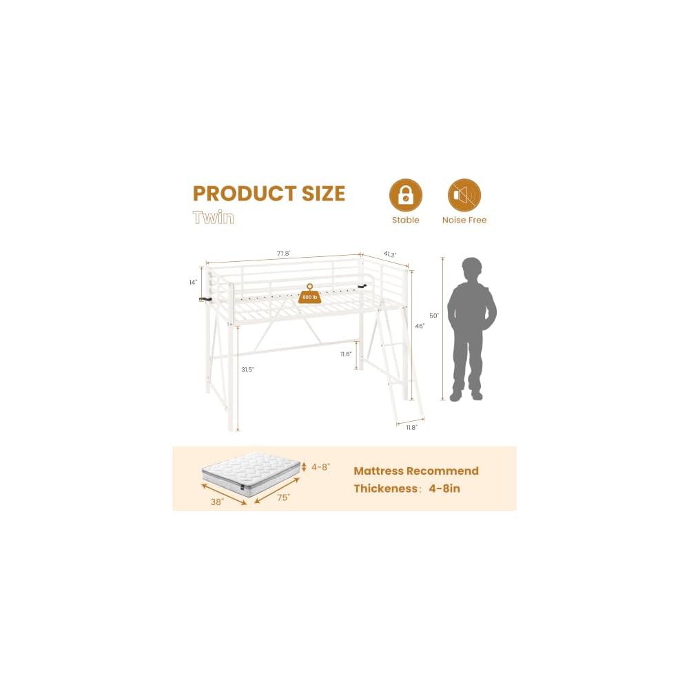 Twin Size Metal Low Loft Bed, CPC Safety Certified, White