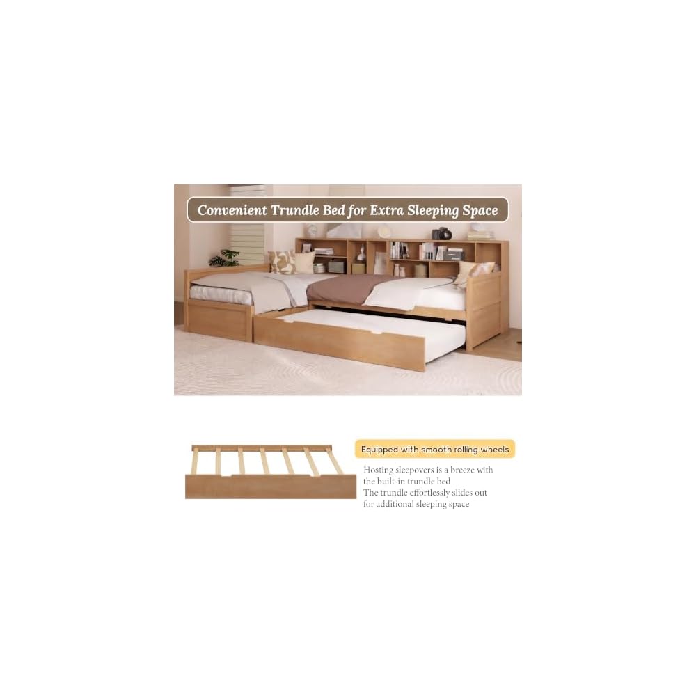 Twin Wooden L-Shaped Daybed with Trundle and Storage Drawer, Seadrift