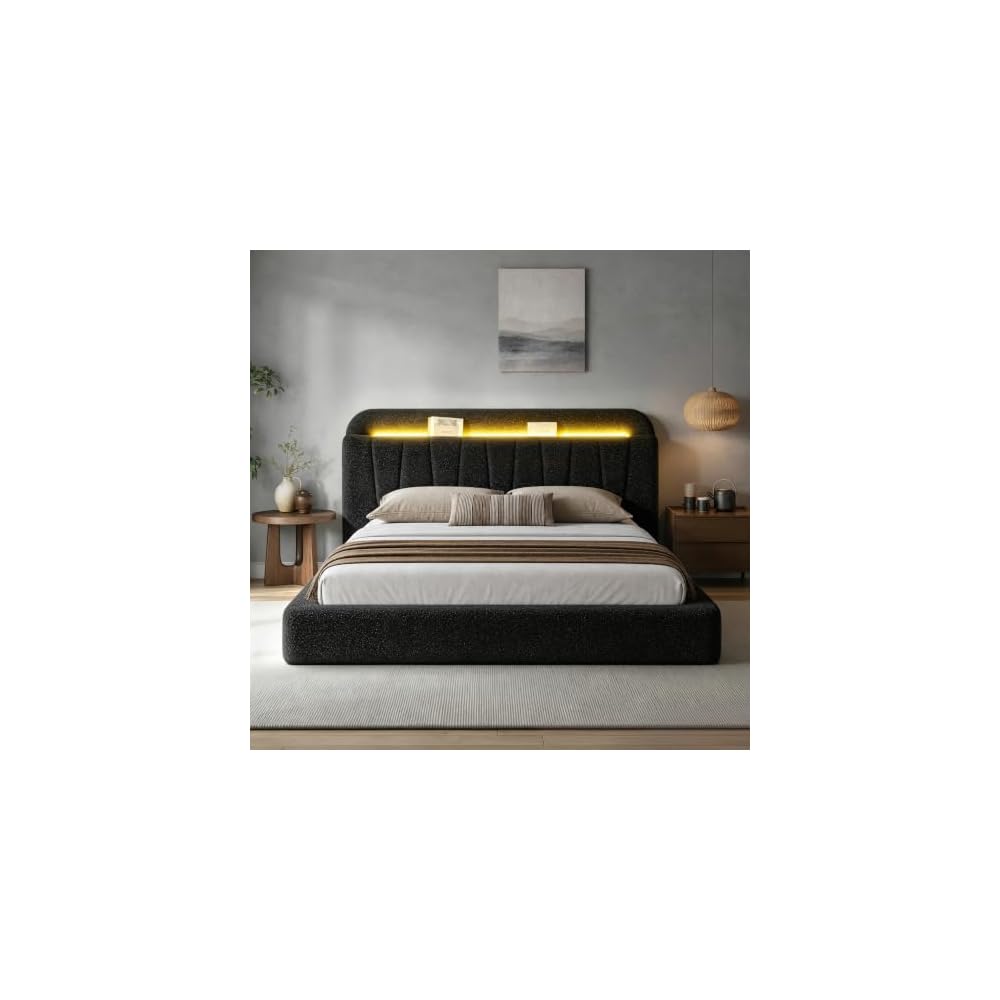 Cloud Bed Frame Queen with Storage Headboard & LED Lights, Black