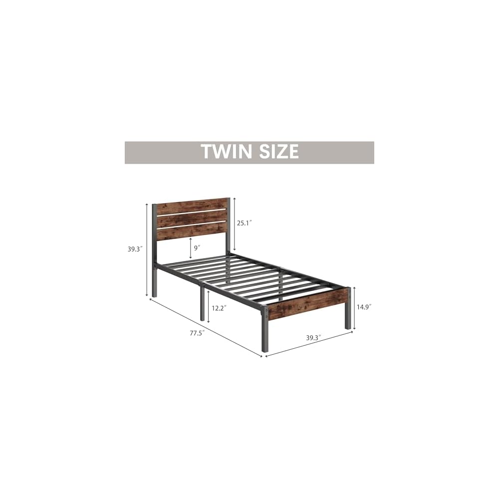 Twin Bed Frame with Headboard and Footboard, Metal Twin Bed Frame with Under Bed Storage, All-Metal Support System, No Box Spring Needed, Easy Assembly,Rustic Brown