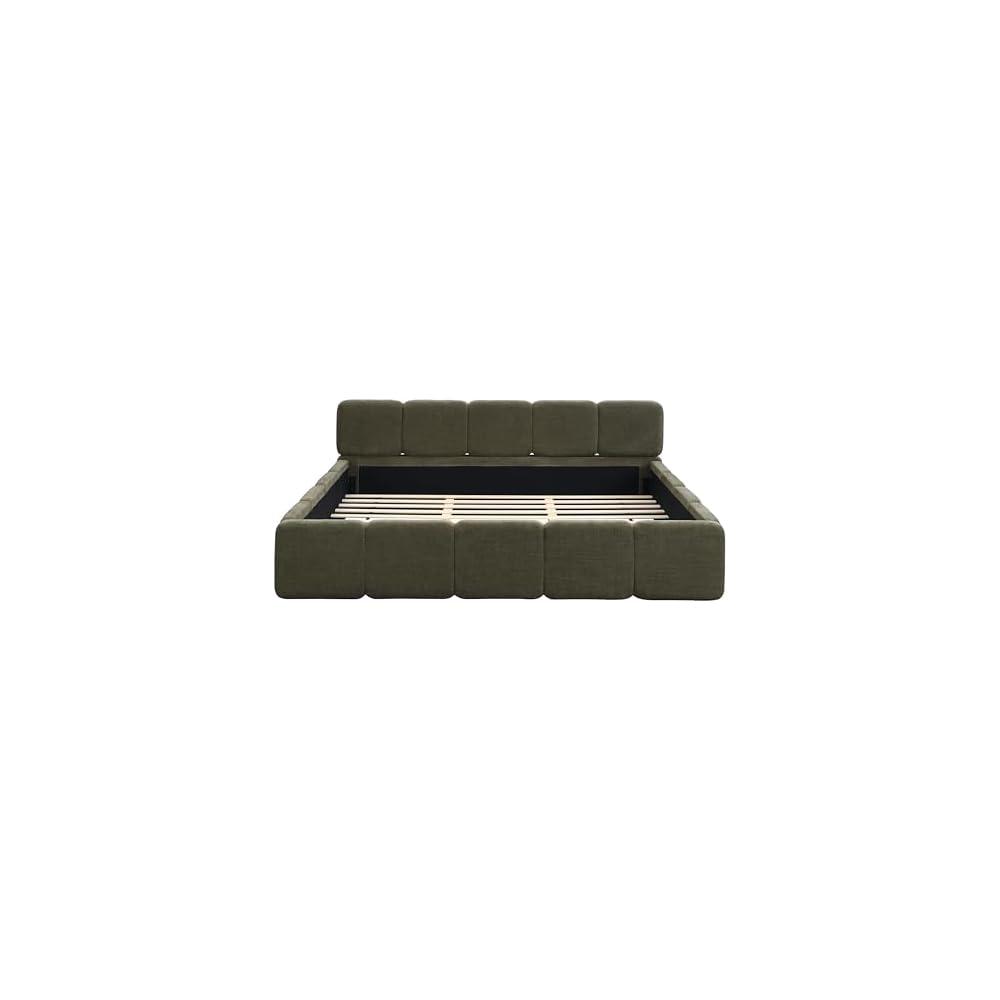California King Boucle Platform Bed with Thick Headboard, Green