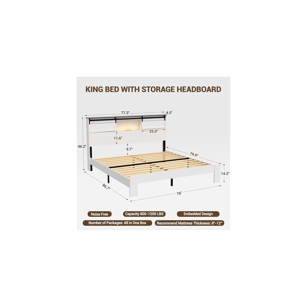 Farmhouse Platform Bed Frame with Storage Headboard and Dual USB Ports