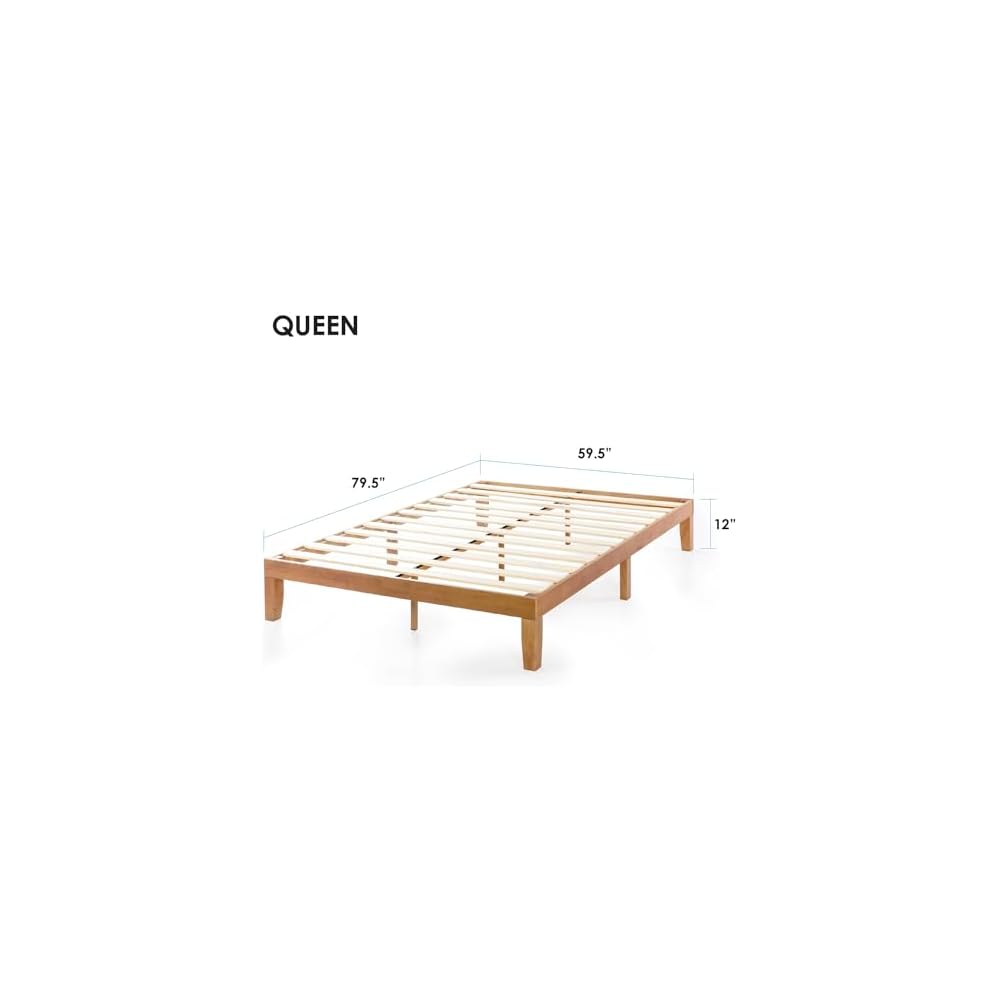 Naturalista Classic - 12 Inch Solid Wood Platform Bed with Wooden Slats, No Box Spring Needed, Easy Assembly, Queen, Pine