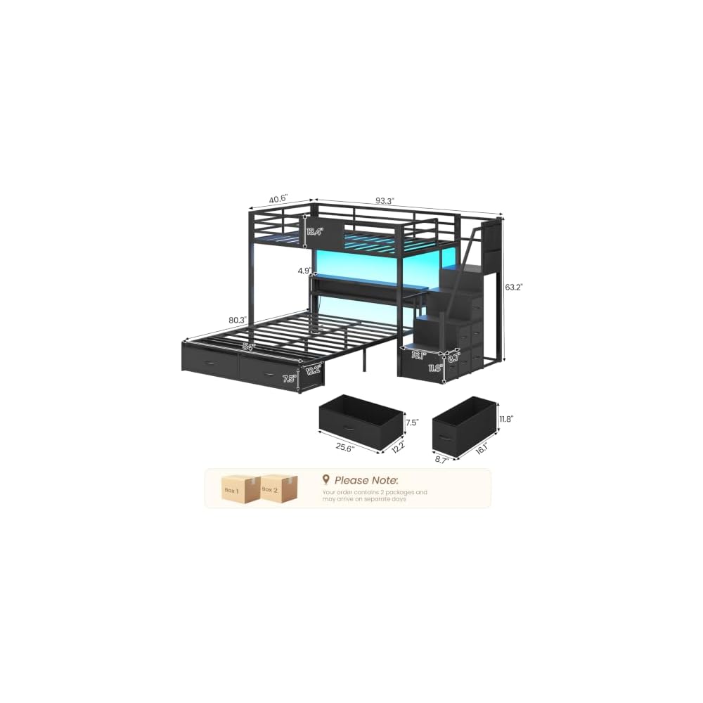 Twin Over Full Bunk Bed with Storage Stairs, 8 Drawers, Black