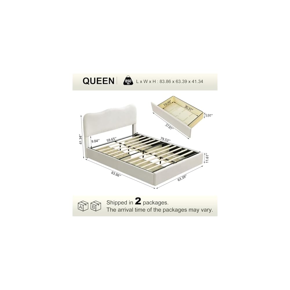 Queen Size Storage Bed Frame with 4 Pull-Out Drawers, Modern Upholstered Boucle Platform Bed with Curved Headboard, Wood Slats, No Box Spring Needed, Cream White