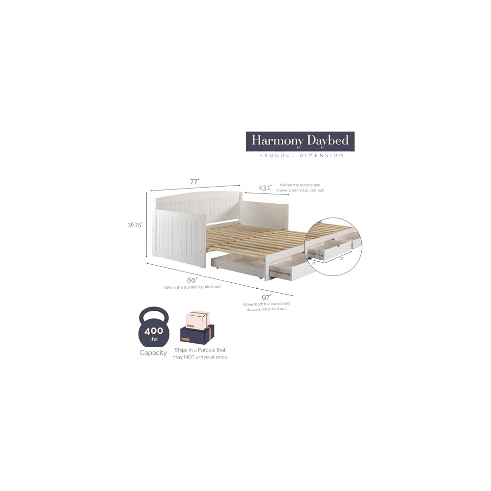 Alaterre Twin to King Extendable Daybed w/Trundle, White, Frame 1–36.61" H