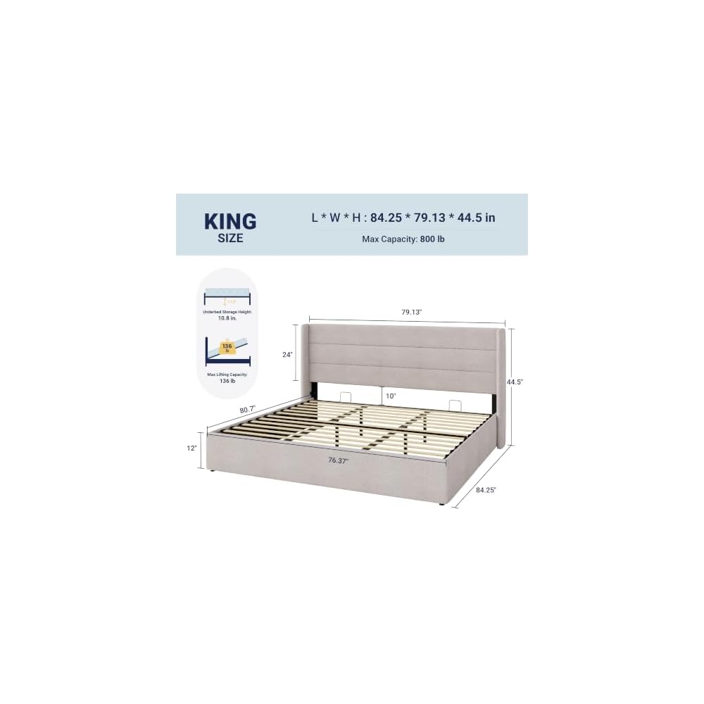 King Size Lift Up Hydraulic Storage Bed Frame Light Beige